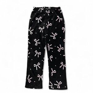 Weekend Edition Pajama Pants Pink Bows Black Fleece Sleepwear Large Wide Leg